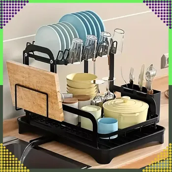 Odkapávač na nádobí dvouúrovňová odkapávací susička na nádobí s odtokem – černá xxl