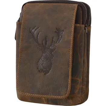 Malá hnědá pánská kožená taška na opasek s jelenem
