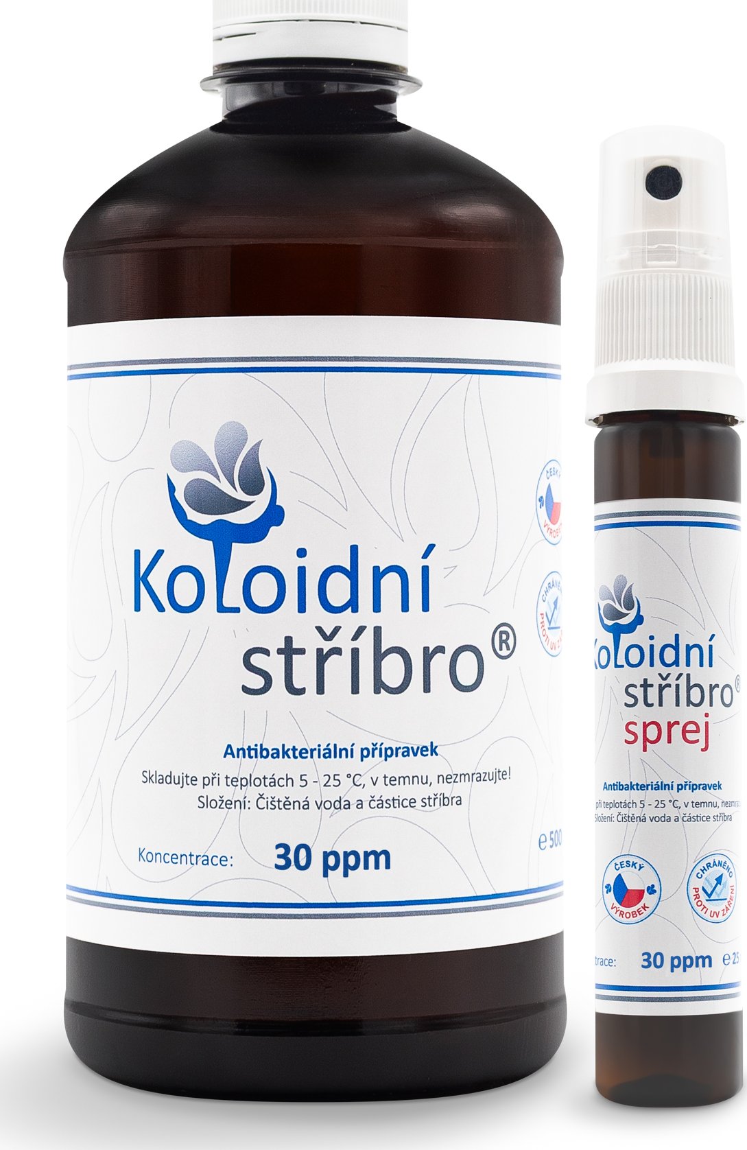 Koloidní stříbro 500 ml + 25 ml sprej 30 ppm Balení: Plastové lahve, Koncentrace: 30 ppm