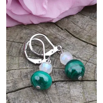 Náušnice Malachit, achát aura náušnice (valounky 8-9 mm, kuličky 5mm)