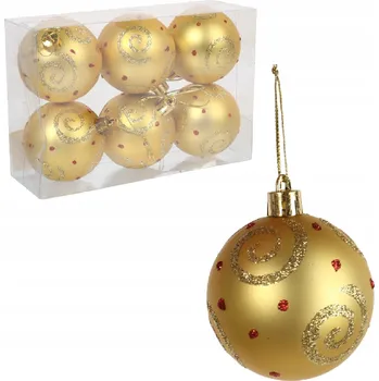 Vánoční dekorace Sada 6 plastových vánočních koulí s dekorem, 6 cm, zlaté