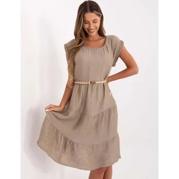 Dámské šaty Tmavě béžové rozšířené šaty s páskem