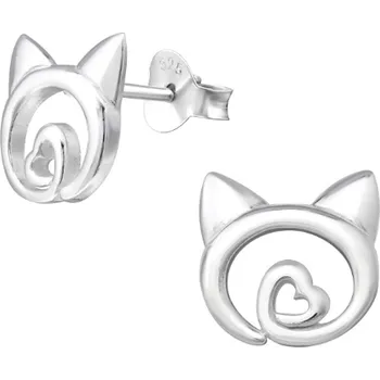 Náušnice Stříbrné puzetové náušnice Kočka se zahnutým ocáskem (Náušnice s kočkou, Šperkovní stříbro 925)