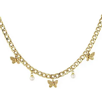 Náhrdelník Náhrdelník s motýlky a perličkami, pozlacená chirurgická ocel, č.1494