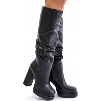 Dámské kozačky KOZAČKY NA PODPATKU A PLATFORMĚ ZATEPLENÉ VSUVNÉ Z EKO KŮŽE ČERNÉ 38