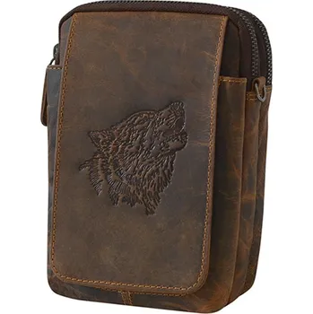 Malá hnědá pánská kožená taška na opasek s vlkem