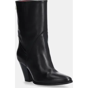 Dámské kozačky Kožené kotníkové boty Tommy Hilfiger MID COWBOY HEEL LEATHER dámské, černá barva, na podpatku, FW0FW08253 99X, EUR 41