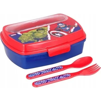 Svačinový box SVAČINOVÝ BOX LUNCHBOX ČERVENÝ + PŘÍBORY MARVEL AVENGERS