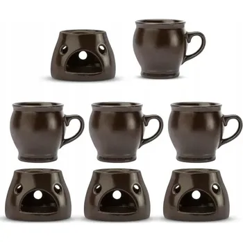 Kameninové hrnky s uchem na svařené víno s ohřívači HNĚDÉ 8 dílů