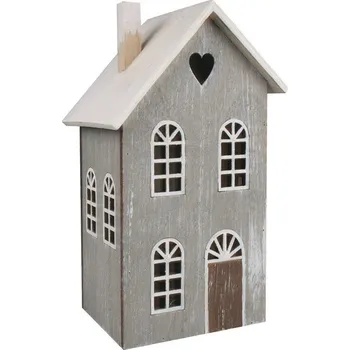 Vánoční dekorace Dřevěný domek šedý s patinou na postavení s LED 12 x 20 x 9,5 cm