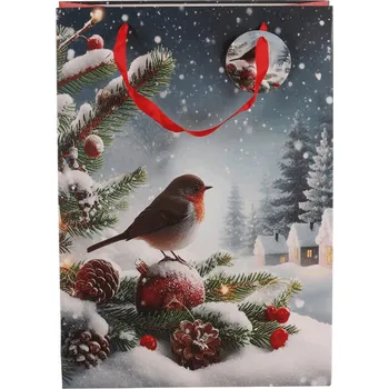 Dárková taška Autronic Taška papírová - zimní krajina s ptáčkem, vel. L, sada 12 ks