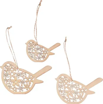 Vánoční dekorace Autronic Ptáček závěsný - dřevěný, přírodní, mix 3 vel., cena za balení (3 ks), sada 6 ks