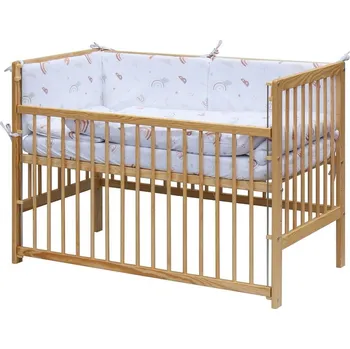 Dětská postýlka Postýlka borovice stahovací bok přírodní s kompletní výbavou - MONTA duha na bílém - Scarlett