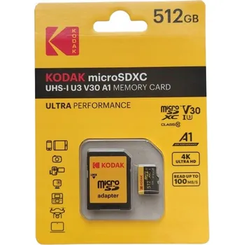 Paměťová karta Rychlá paměťová karta Kodak 512GB microSD SDXC UHS-I U3 V30 A1 4K + Adaptér
