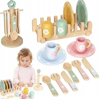 Dřevěná hračka Dřevěná jídelní sada Hračka pro děti, kuchyňka Montessori, 22 dílů