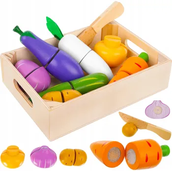 Dřevěná hračka Dřevěná zelenina k krájení v bedýnce na suchý zip s nožíkem - sada