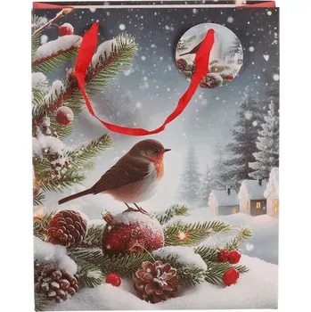 Dárková taška Autronic Taška papírová - zimní krajina s ptáčkem, vel. M, sada 12 ks