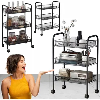 regál KOVOVÝ REGÁL 3 POLICE KOŠE HÁČKY KOLEČKA Černý Stojan Pro Skladování