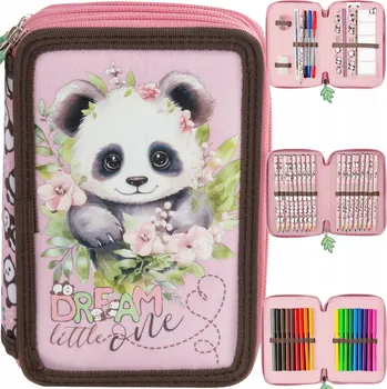 Penál Školní penál Backup s vybavením 3-komorový Panda, růžové květy