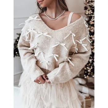 Dámský svetr Dstreet Dámský svetr RIBBLOOM s mašlemi MY2359 Barva: Béžová, Velikost: ONE SIZE