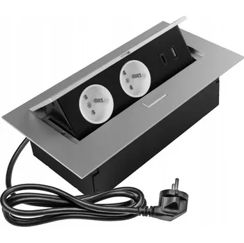 Elektrická zásuvka Zapuštěná zásuvková lišta do stolu GTV s kabelem 1,5m 2x230V+2USB A+C, hliníková
