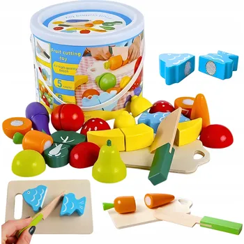 Dřevěná hračka Dřevěná zelenina a ovoce k krájení v kyblíku na suchý zip s příslušenstvím