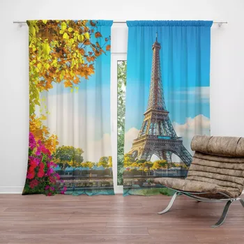 Závěs Sablio Závěs Paříž Eifellova věž Flowers: 2ks 140x250cm