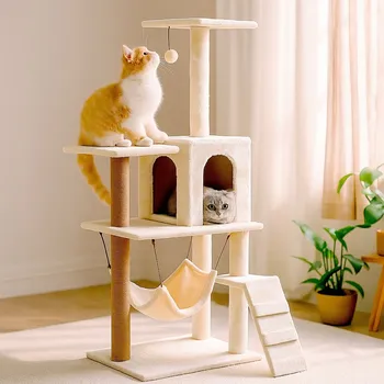 Velký béžový škrabací strom pro kočky s věží a škrabadlem 125 cm s houpací sítí