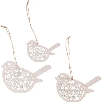 Vánoční dekorace Autronic Ptáček závěsný - dřevěný, bílý, mix 3 vel., cena za balení (3 ks), sada 6 ks