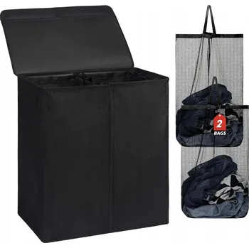 Koš na prádlo Dvojitý Velký Koš na Prádlo 150L Skládací s Víkem Vyjímatelné Pytle Černý