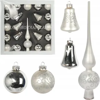 Vánoční ozdoba Sada 21 Stříbrných Skleněných Vánocních Ozdob: 15 Bombek, 4 Zvonky a Špička na Stromek