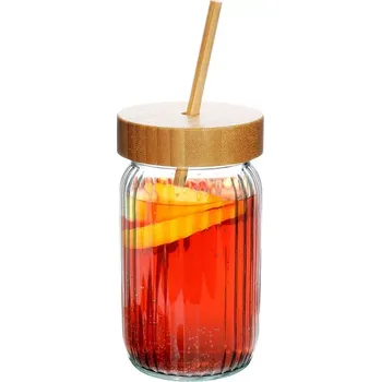 Láhev Žebrovaná skleněná lahev na nápoje s bambusovým víčkem a brčkem 500 ml