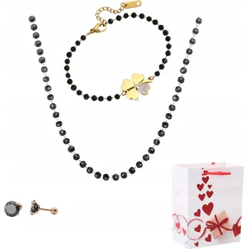 Náramek Zlatá Sada Šperků Řetízky Čtyřlístek Křišťály Černé Korálky