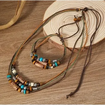 Náhrdelník Kompletní sada bižuterie BOHO Vintage náhrdelník na řemínku náušnice střapce