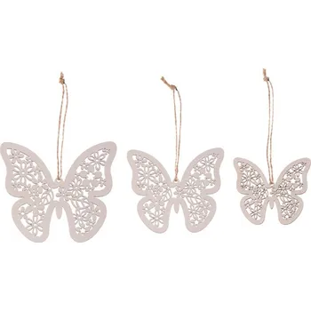 Vánoční dekorace Autronic Motýl závěsný - dřevo, bílý, mix 3 vel., cena za balení (3 ks), sada 6 ks