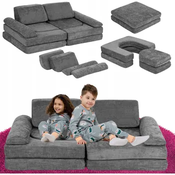 Pohovka MODULÁRNÍ PĚNOVÁ SEDAČKA PRO DĚTI 10 Polštářů Šedá Velká Čenilková Pohovka DIY