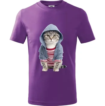 Kočka v pruhovaném triku - Tričko dětské bavlněné - 158 cm/12 let ( Fialová )