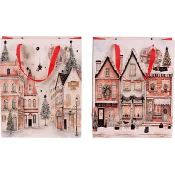 Dárková taška Autronic Taška papírová - vánoční s domky, mix 2, vel. M, cena za 1 ks, sada 24 ks
