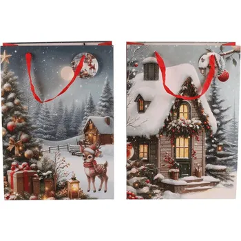 Dárková taška Autronic Taška papírová - zimní motiv, vel. L, mix 2, cena za 1 ks, sada 24 ks