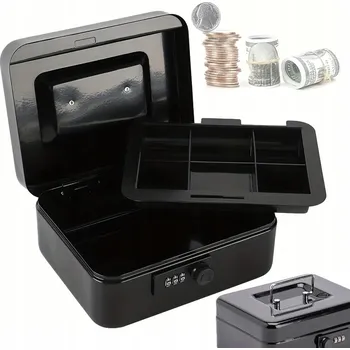 Pokladnička POKLADNIČKA SEJF SKRÝŠKA SE ZÁMKEM NA KÓD PENÍZE MINCE BANKOVKY KOVOVÁ VELKÁ