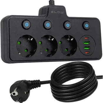 Napájecí kabel PRODLUŽOVACÍ KABEL ROZDVOJKA ROZVODKA 3 ZÁSUVKY VYPÍNAČ LIŠTA 2X USB 3m