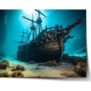 Plakát Sablio Plakát Vrak dřevěné lodi na dně moře - 60x40 cm