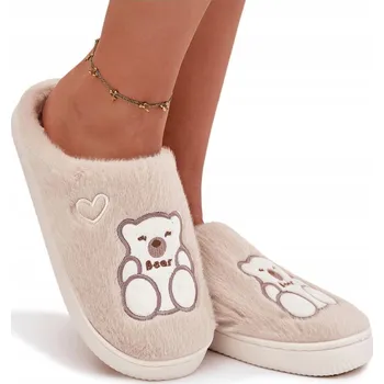 Dámské pantofle PANTOFLE KOŽEŠINOVÉ, TEPLÉ, POHODLNÉ, S MEDVÍDKEM A SRDÍČKY, BÉŽOVÁ 36/37