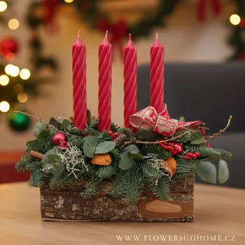 Vánoční dekorace Vánoční svícen v dřevěném truhlíčku Barva: ČERVENÁ