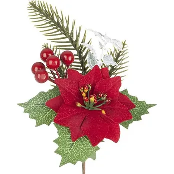 Vánoční dekorace MagicHome Vánoční větvička, s květem vánoční hvězdy, červená, 24 cm, 1bal. = 6ks, cena za 1ks