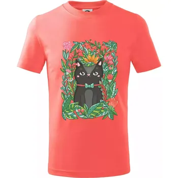 Chlapecké tričko Kočka s květy malovaná - Tričko dětské bavlněné - 134 cm/8 let ( Korálová )