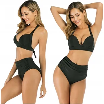 Dámské plavky DVOUDÍLNÉ PLAVKY S VYSOKÝM PASEM PUSH UP ZEŠTÍHLUJÍCÍ ČERNÉ M