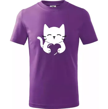 Kočka drží srdce - Tričko dětské bavlněné - 122 cm/6 let ( Fialová )