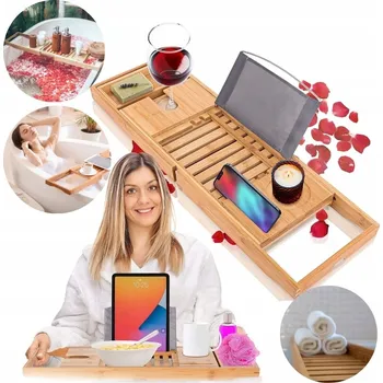 Koupelnový nábytek Nastavitelná bambusová polička do vany – mobilní organizér do koupelny