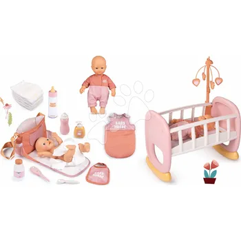 Set panenka v dupačkách v ložnici v kolébce Doll Baby Nurse Smoby s přebalovací taškou lahvičkou a spací pytel s plenkami